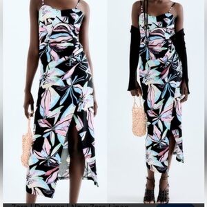 Zara Black Midi Dress with Pink & Blue Leaf Pattern